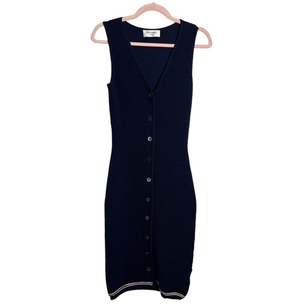Thom Browne Navy Sleeveless Wool Blend Midi Sweater Dress